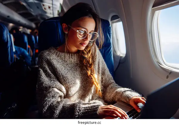 Woman Working on Laptop on Airplane