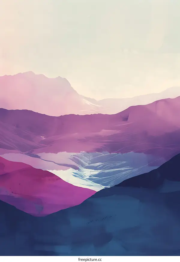 Abstract Mountain Landscape Painting in Pink and Blue Hues