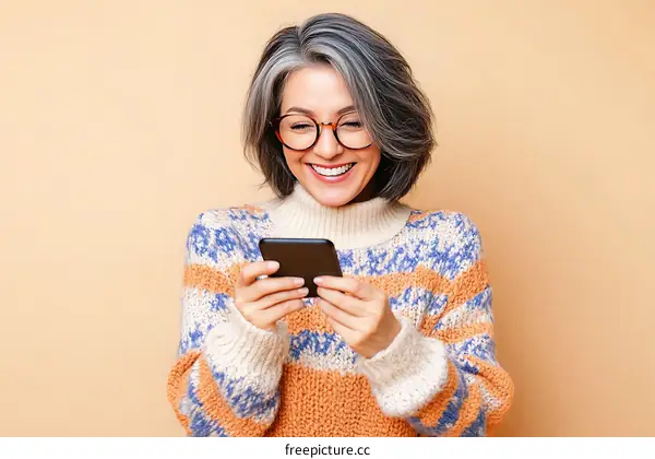 Woman using mobile phone wearing winter sweater