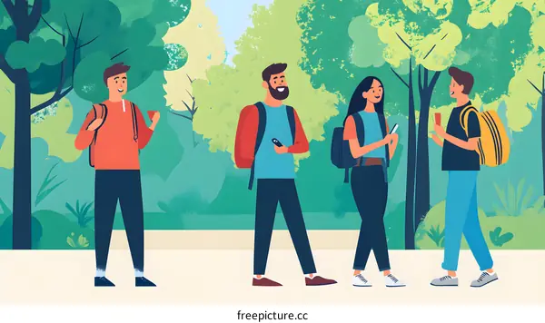 Friends Hiking Through Green Forest Illustration