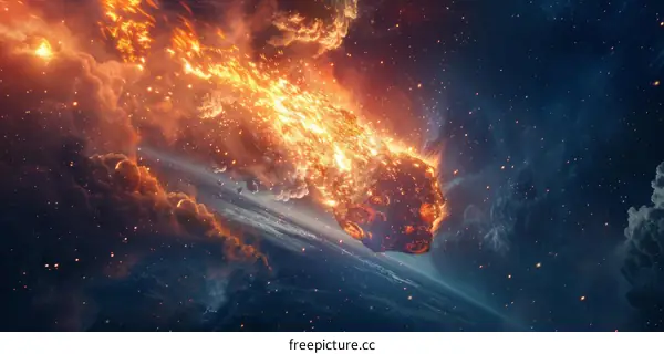 Fiery Asteroid Impacting Earth In Space Illustration
