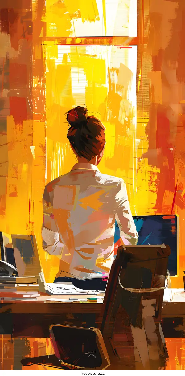 woman looking out the window in office