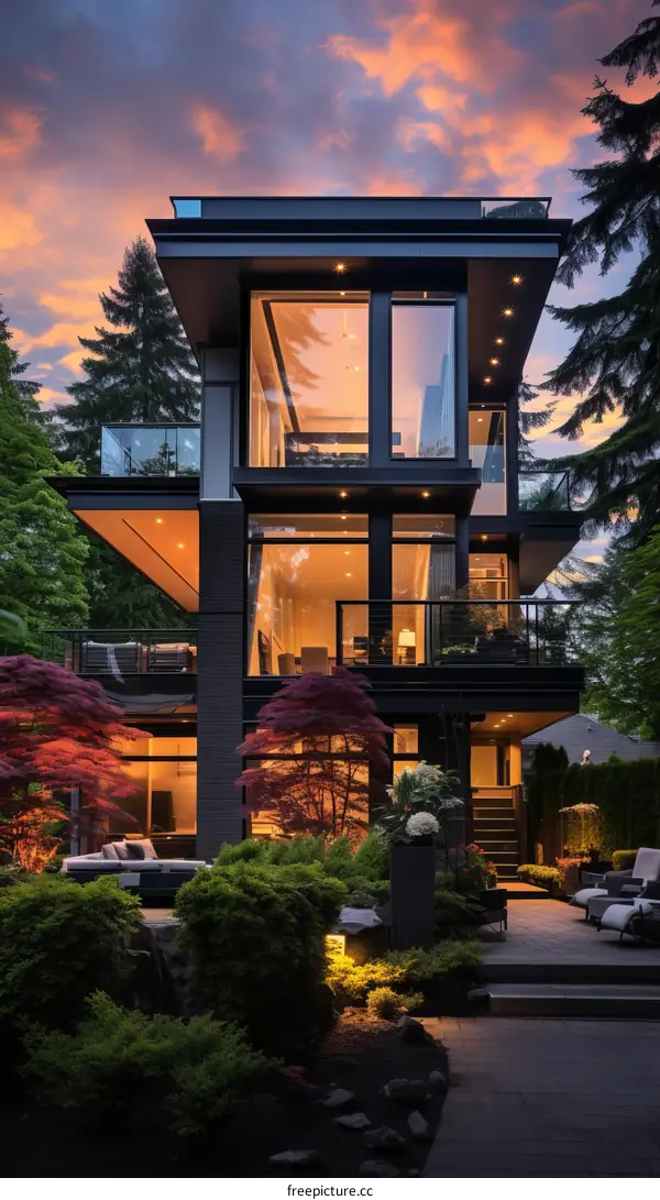 Black and white modern house with large windows surrounded by trees