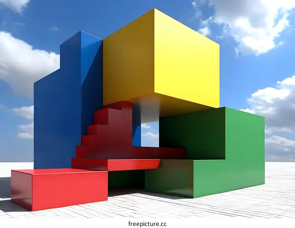 Abstract Geometric Shapes Building with Blue, Yellow, Green, and Red Colors