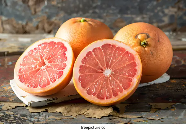 Fresh Pink Grapefruit Slices on Wooden Background