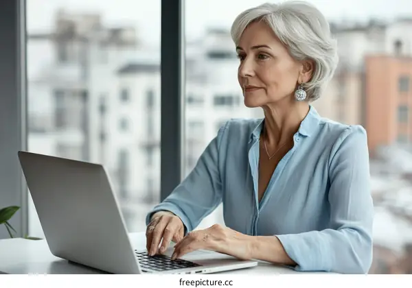 Senior Woman Working on Laptop by Window