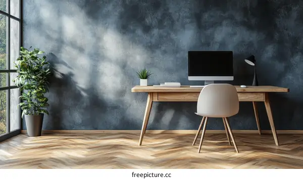 Modern Home Office Workspace with Wooden Desk and Plant