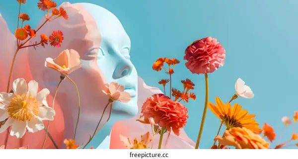 Pastel Flowers and a Blue Face