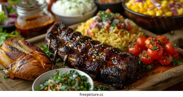 A delicious meal of barbecued ribs, chicken, and vegetables