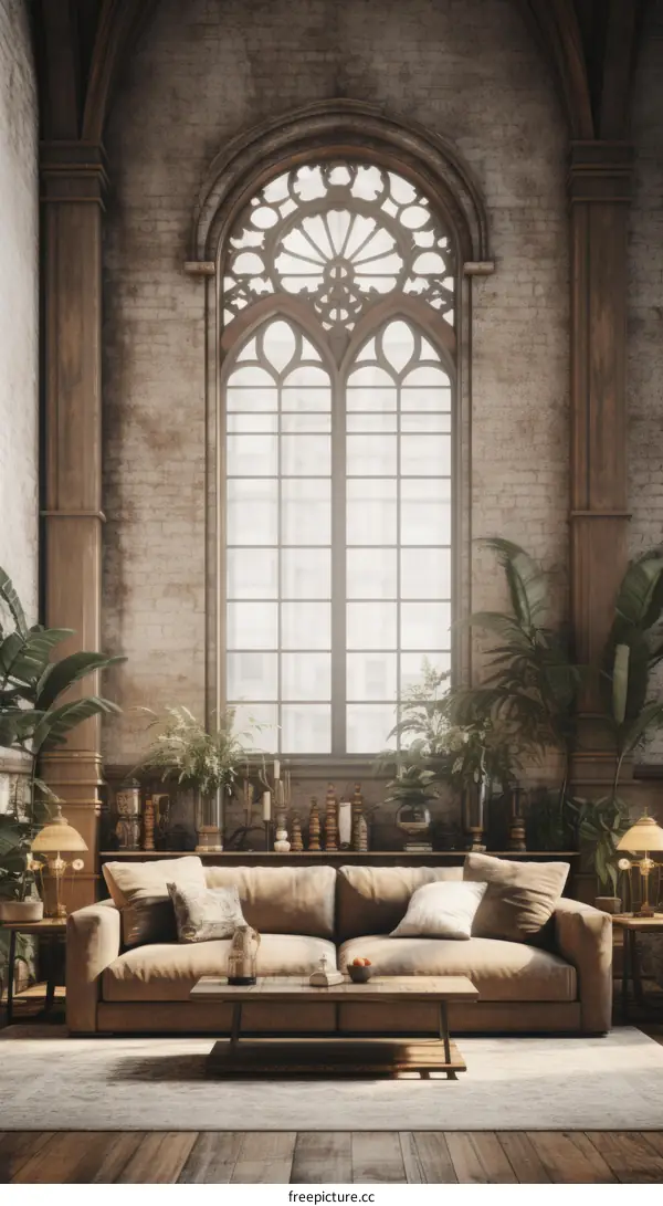 Living room interior with large arched window