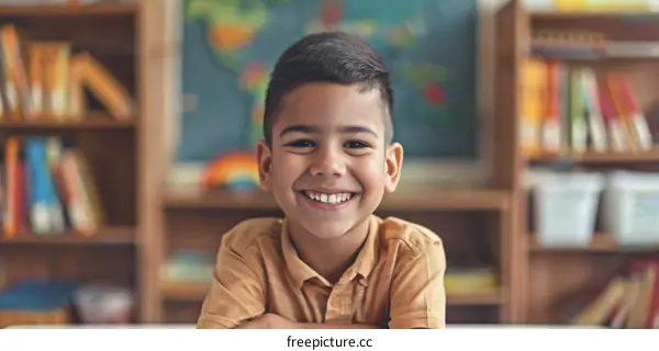 Portrait of a smiling young boy in a classroom