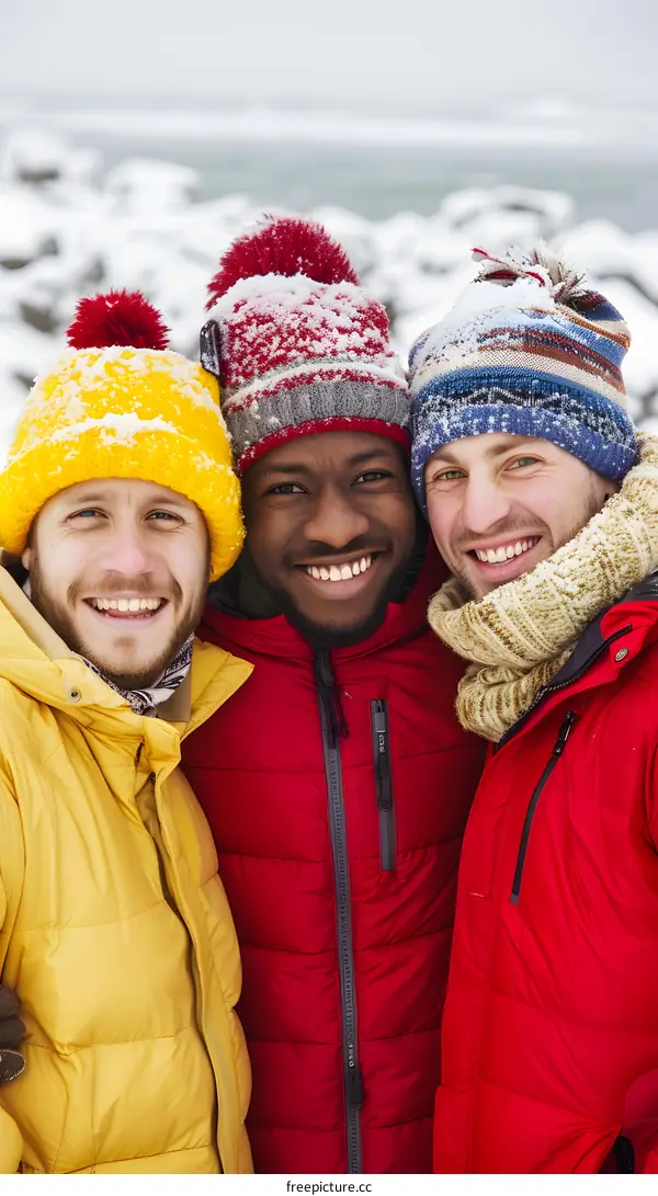 Three Friends Smiling In Winter