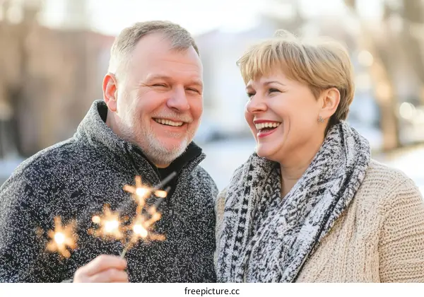 Happy Couple Celebrating with Sparkler Outdoors