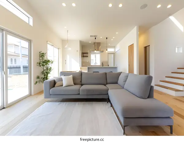 Modern Living Room with Grey Sectional Sofa and White Rug