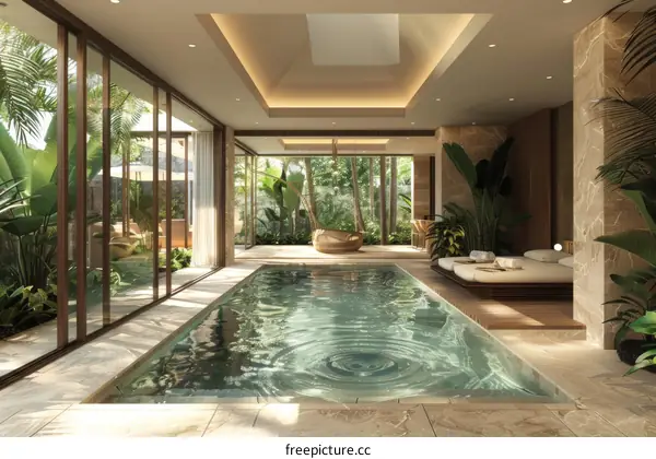 Luxury Indoor Swimming Pool with Tropical Garden View