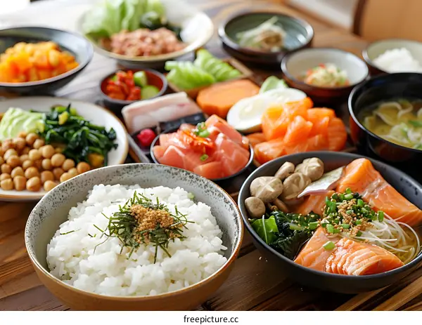 A delicious and healthy Japanese meal with rice, fish, and vegetables