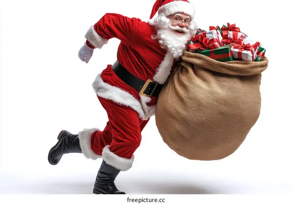 Santa Claus Running with Gift Bag Christmas