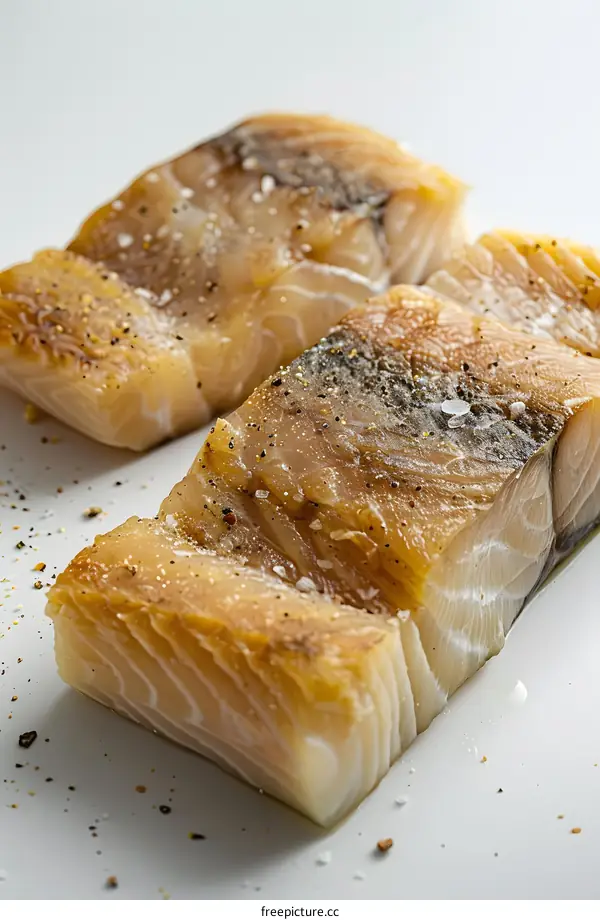 Two pieces of raw fish with salt and pepper on them