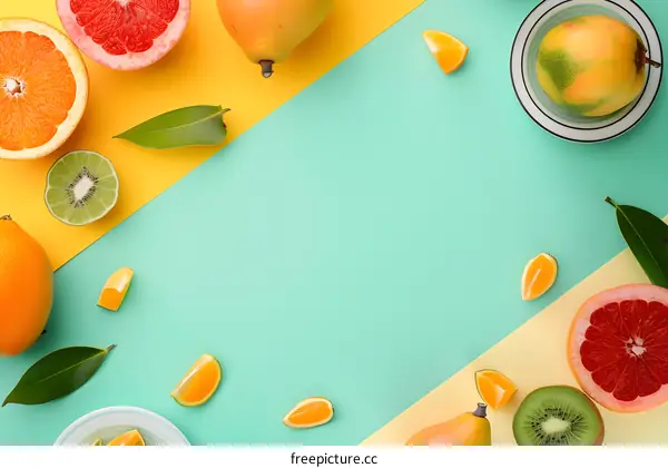 Fresh Citrus Fruits on Yellow and Turquoise Background