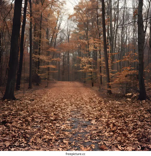 Autumn Forest Path Covered in Leaves