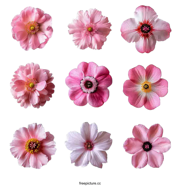 [Transparent Background PNG]Nine Beautiful Pink Flowers in a Collection