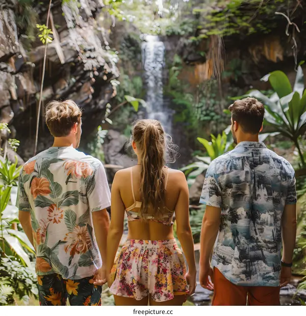 Three friends admiring a waterfall in a tropical forest