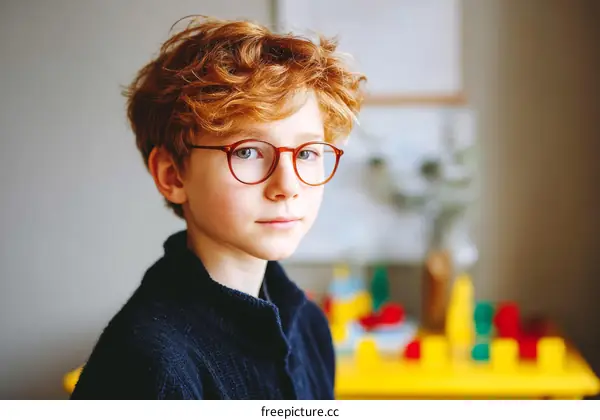 Portrait of a Boy with Red Hair and Glasses