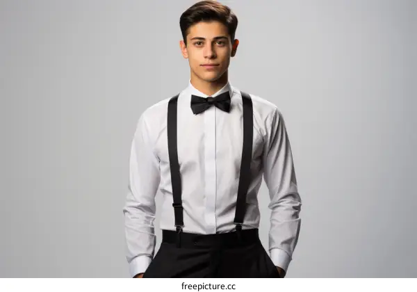 Young man in formal attire with suspenders and bow tie