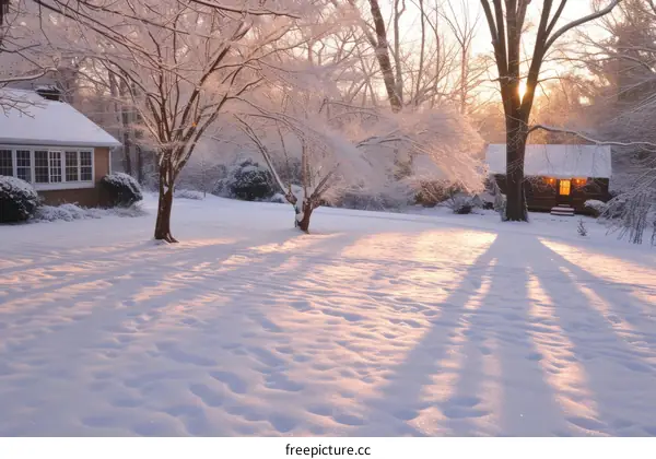 Snowy Sunrise over a House and Yard