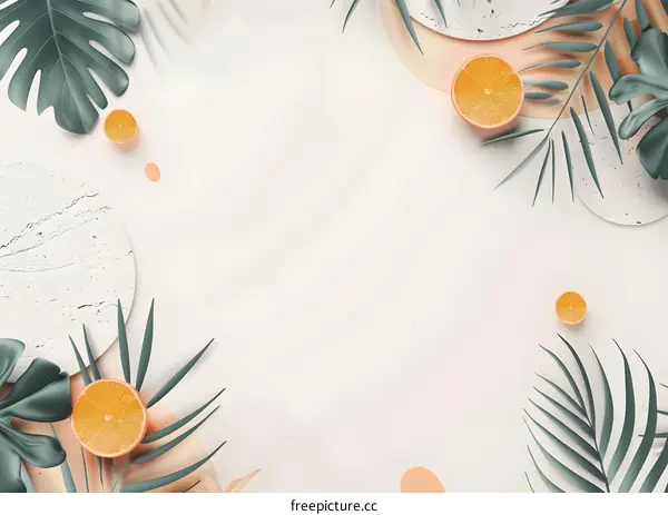 Tropical Leaves with Orange Slices on White Background