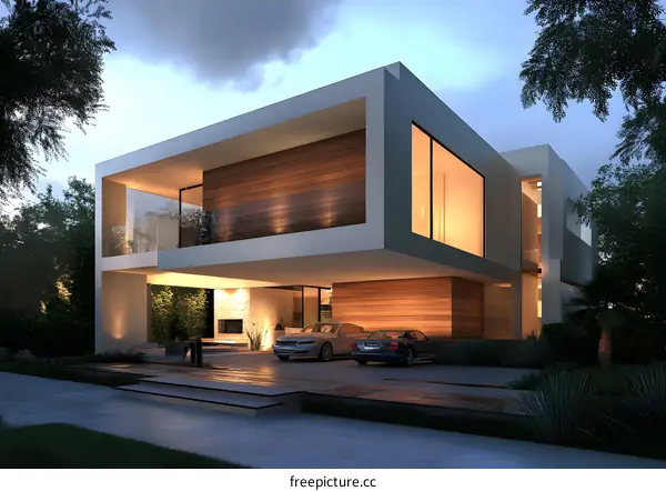 Modern House Exterior Design With Two Cars in Driveway