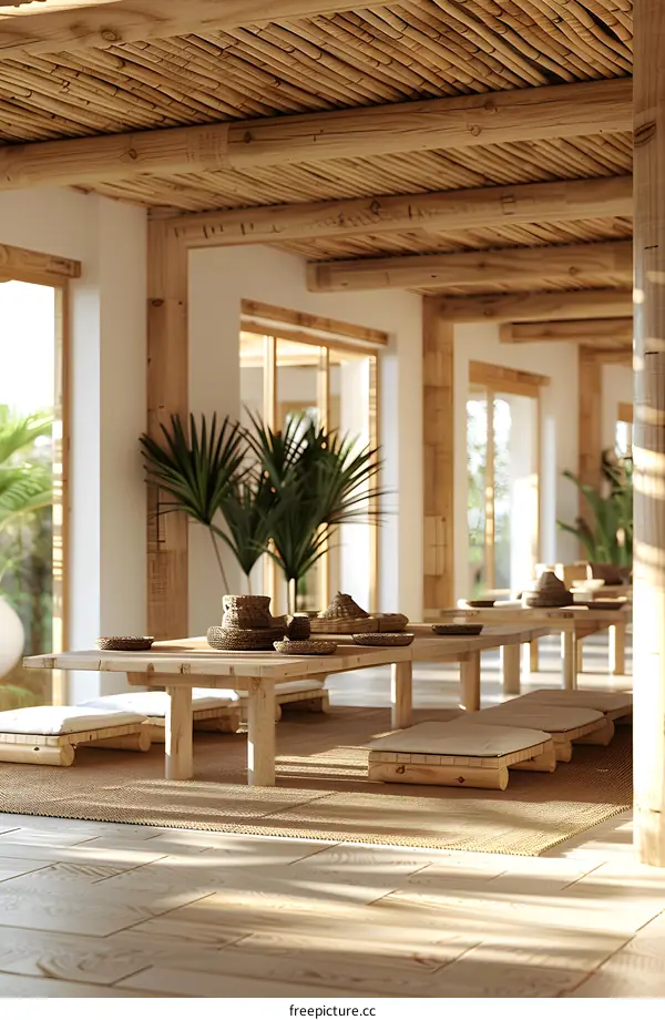The sunlit bamboo house with tables and chairs