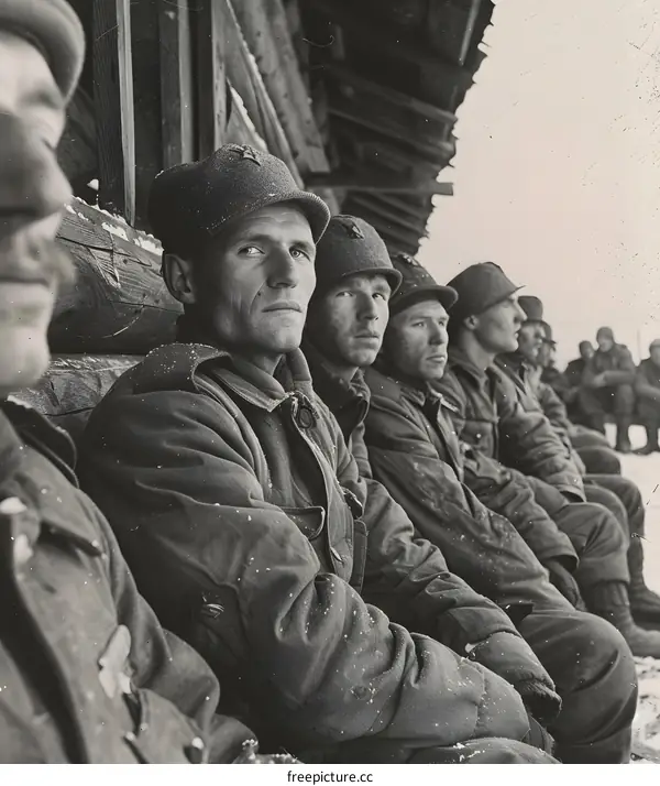 A group of soldiers in winter gear sit on a wooden porch.
