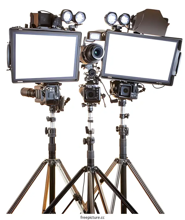 Three Professional Video Cameras With White Screens On Tripods
