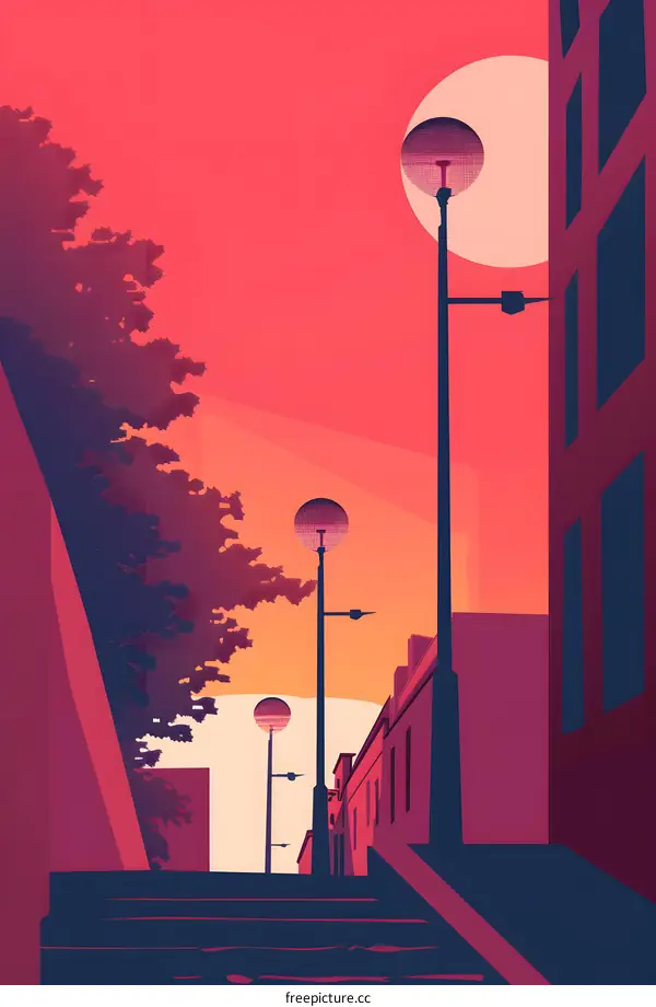 Abstract Illustration of a Street with Street Lights and a Tree in the Foreground