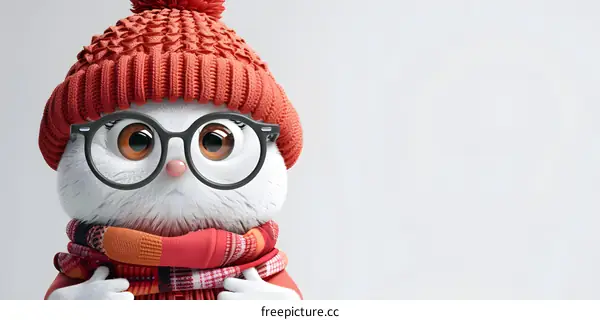 A cute cartoon cat wearing a red hat and glasses