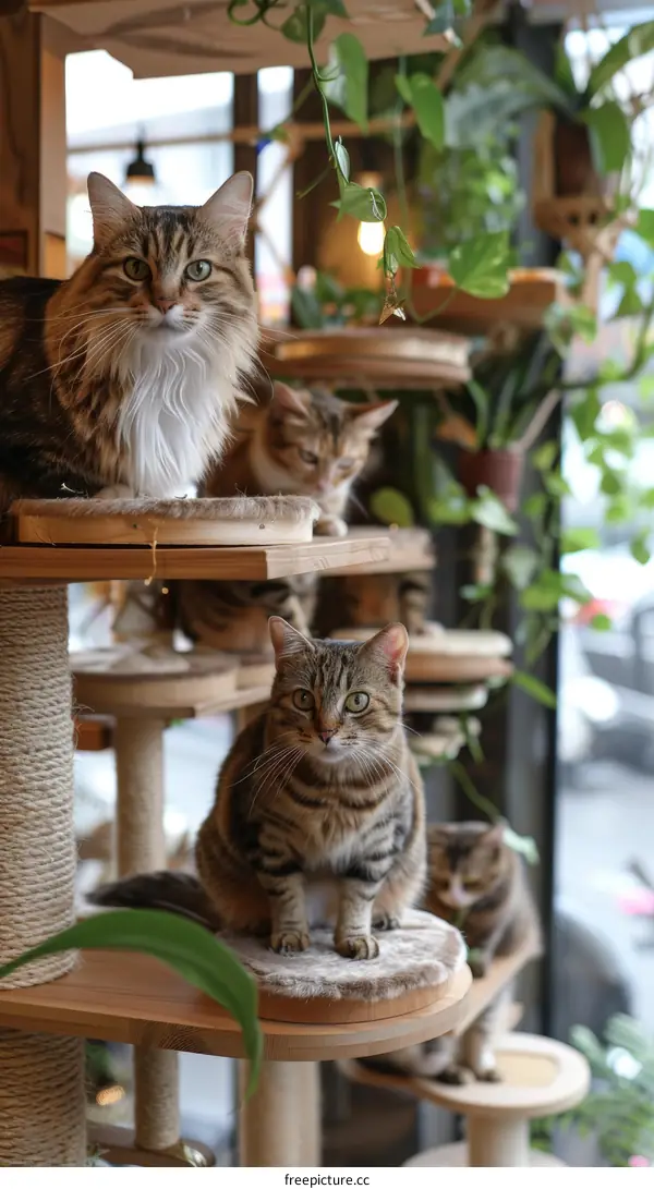 Four cats on a cat tree looking out the window