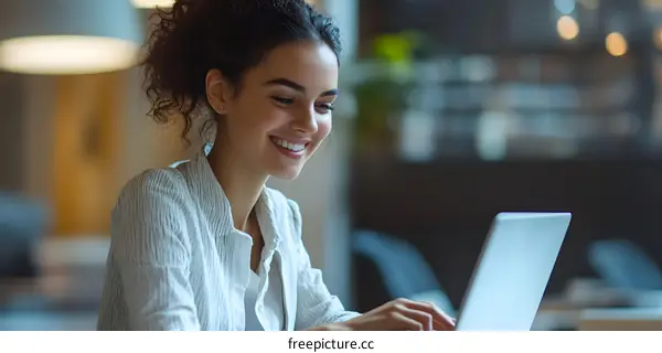 Smiling Woman Using Laptop in Cafe