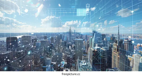 New York City Skyline with Digital Network Overlay