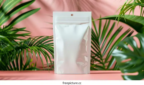 Blank white plastic袋子in front of pink background with palm leaves