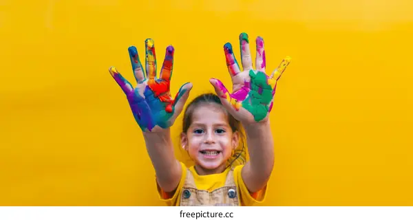 Little cute girl with painted hands showing them to the camera