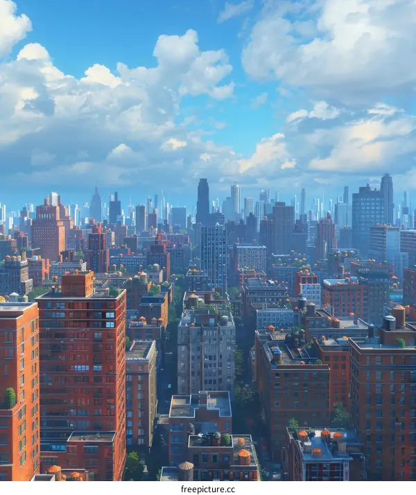 Cityscape of Tall Buildings against Blue Sky with White Clouds