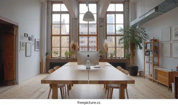 Modern Open Plan Office with Large Windows and Wooden Furniture