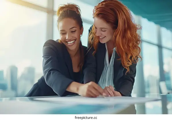 Two businesswomen discussing a project in an office