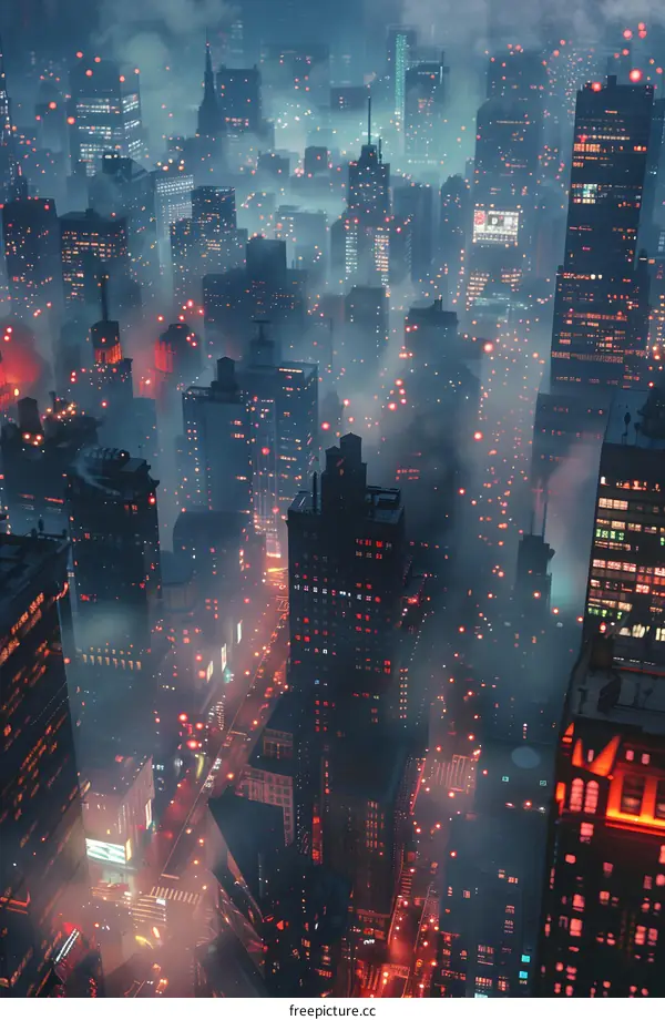 A birds eye view of a futuristic city at night