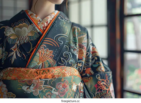 A woman wearing a kimono with traditional Japanese patterns