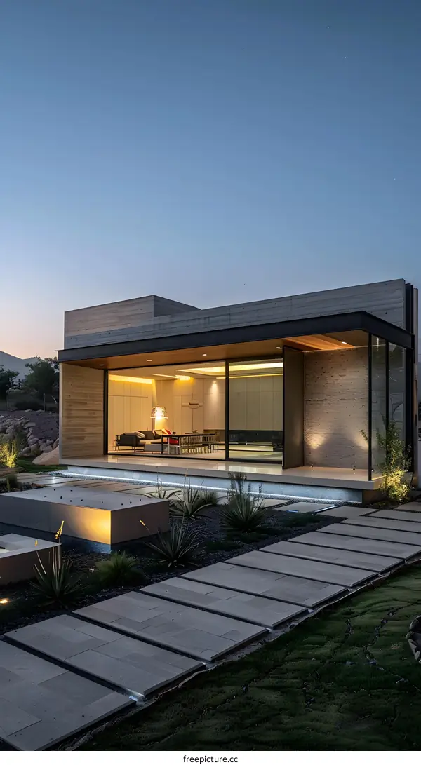 Modern Concrete House with Stone Patio and Grass
