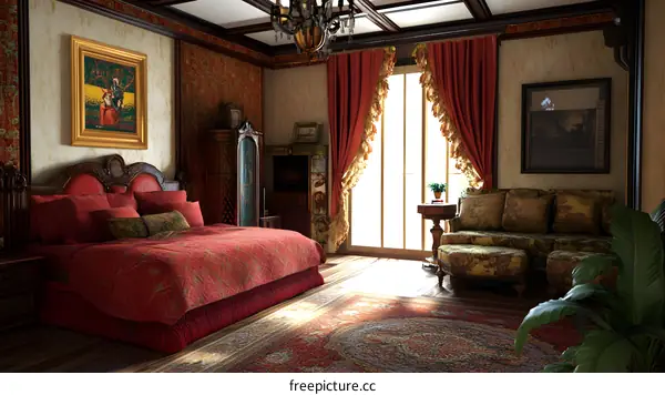Elegant Red Bedroom Interior Design With Wooden Furniture and Gold Accents