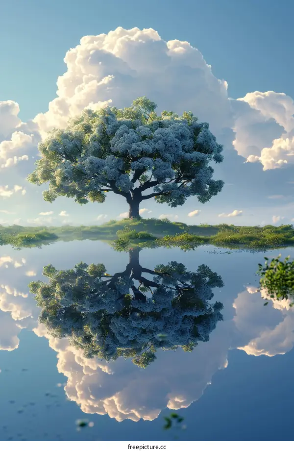 Peaceful Reflection of a Blooming Tree in a Calm Lake