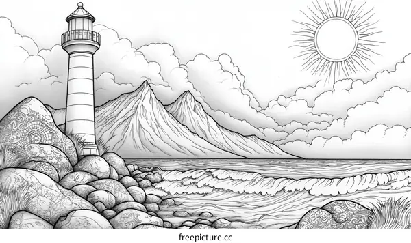 Coastal Landscape with Lighthouse and Mountains Illustration